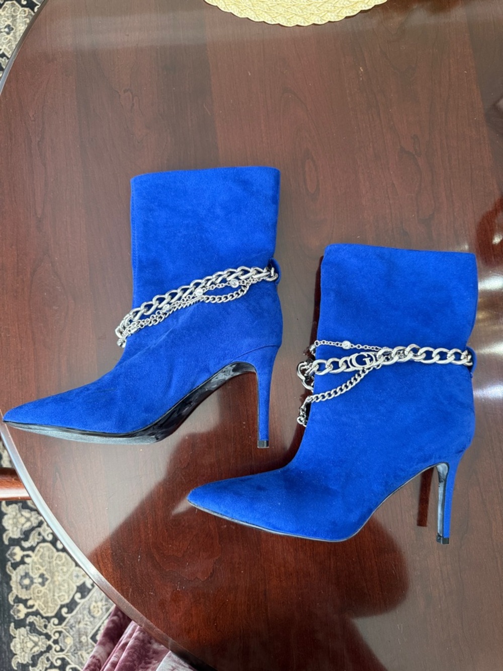 Blue Suede Chain-Ankle Stiletto Booties - Women's